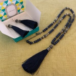 Stella & Dot Navy tassel earrings and necklace.